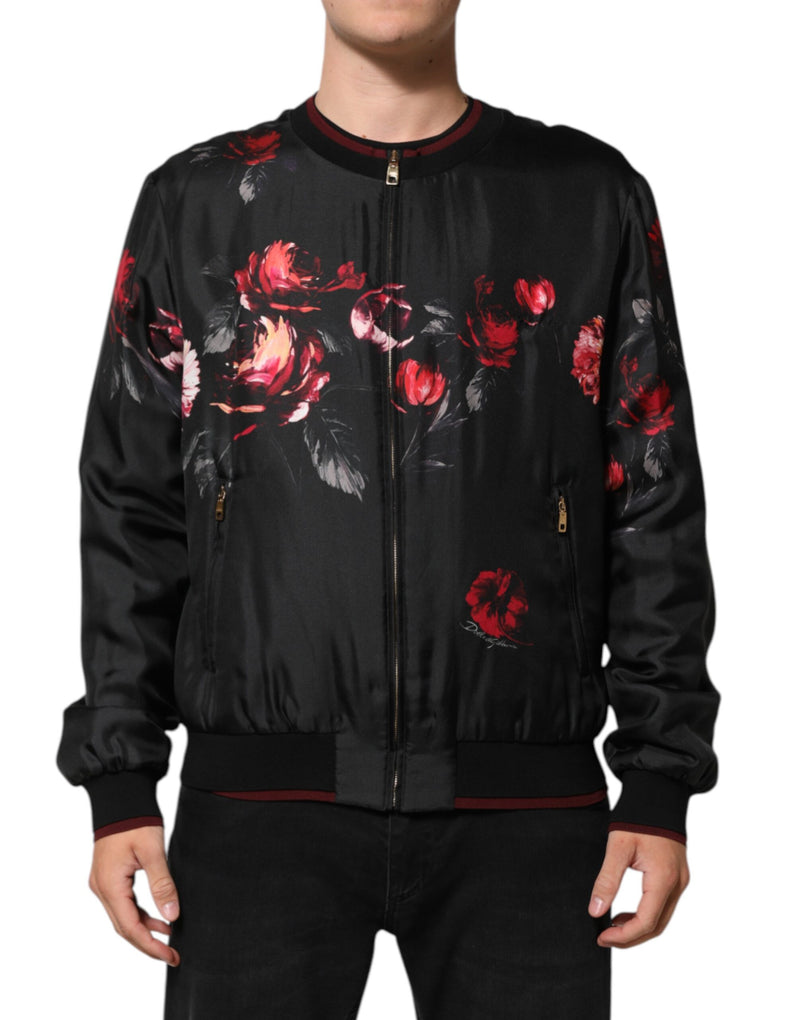 Bomber en soie à motifs floraux rouges et noirs de Dolce & Gabbana