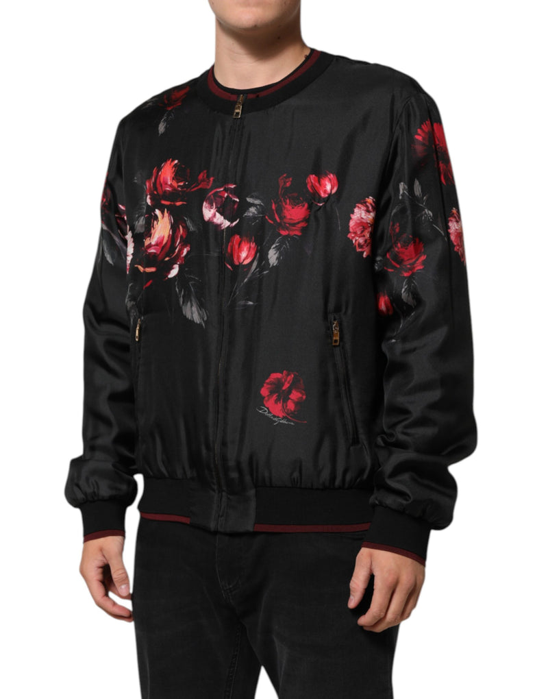 Bomber en soie à motifs floraux rouges et noirs de Dolce & Gabbana