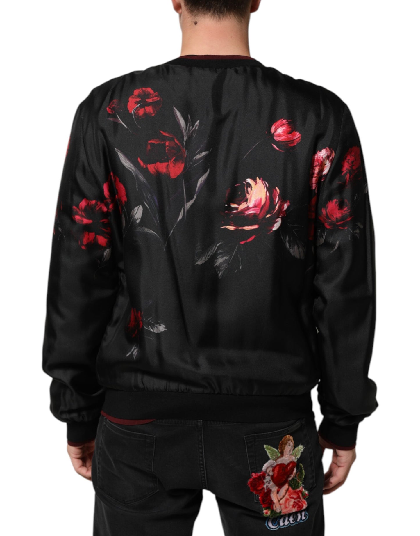 Dolce & Gabbana Black Red Floral Silk Bomber Blouson Jacket