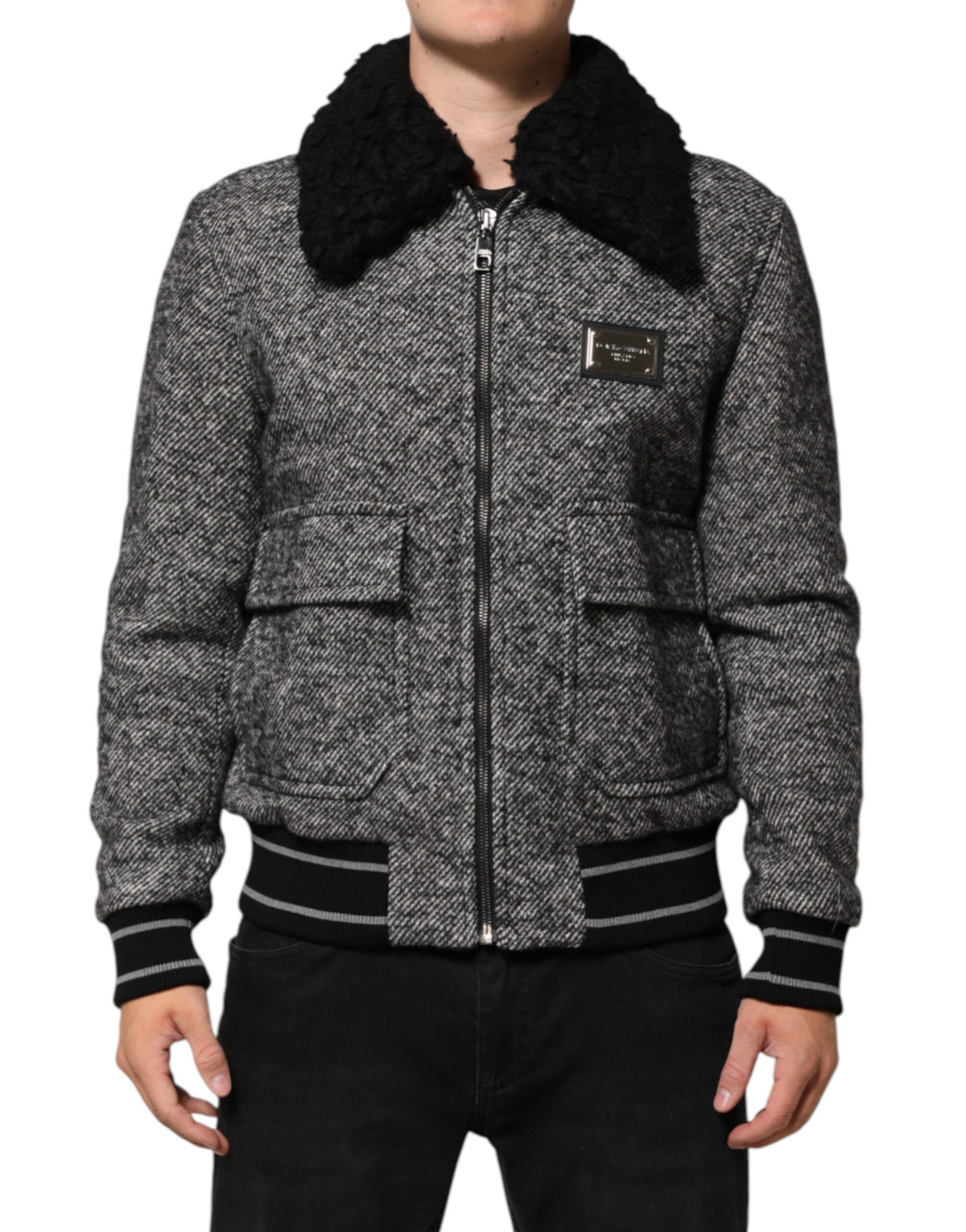 Bomber en laine grise à motif en chevrons avec col en peau de mouton de Dolce & Gabbana