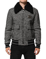 Bomber en laine grise à motif en chevrons avec col en peau de mouton de Dolce & Gabbana