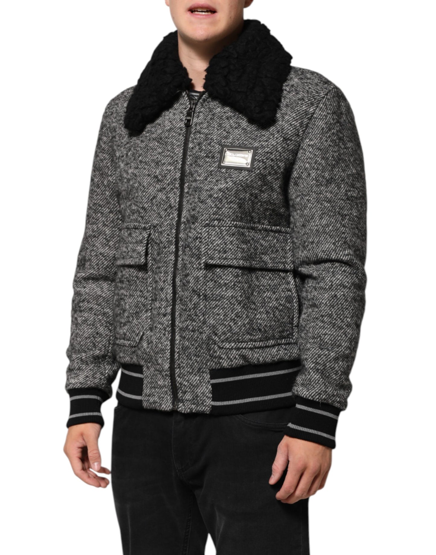 Dolce & Gabbana Gray Wool Herringbone Shearling Collar Bomber Jacket
