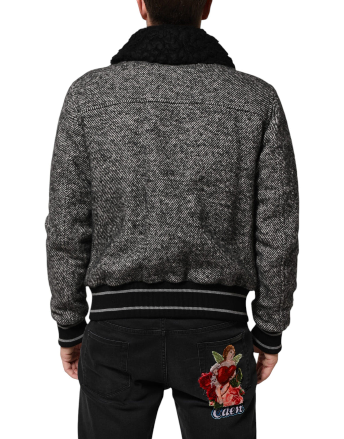 Bomber en laine grise à motif en chevrons avec col en peau de mouton de Dolce & Gabbana