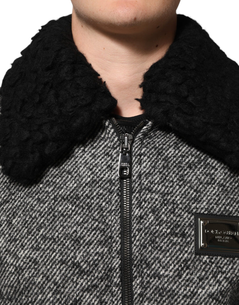 Dolce & Gabbana grijze wollen bomberjas met visgraatpatroon en schapenvachtkraag
