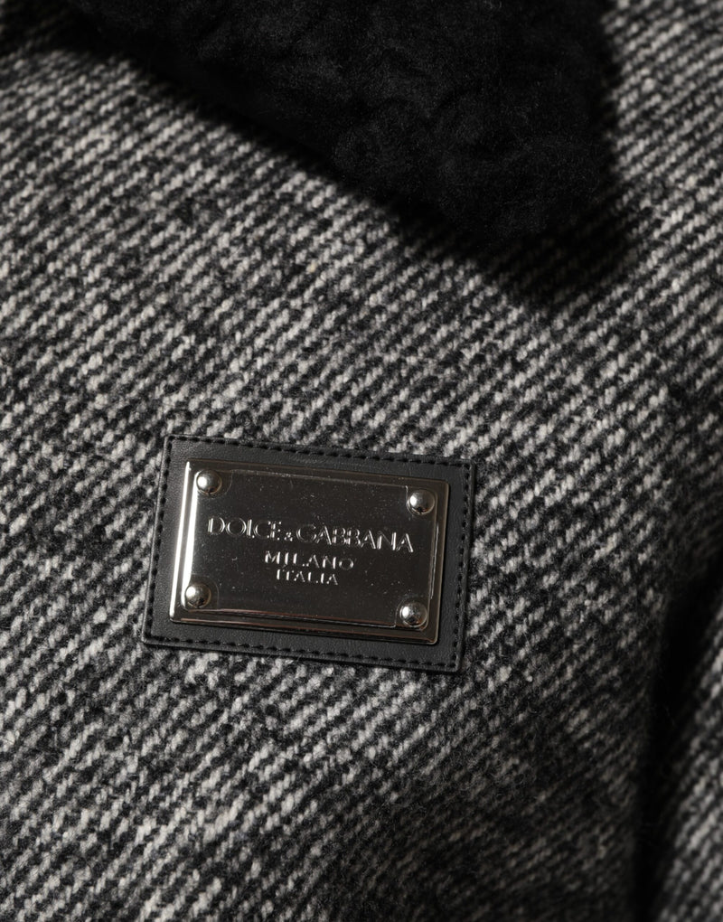 Dolce & Gabbana grijze wollen bomberjas met visgraatpatroon en schapenvachtkraag