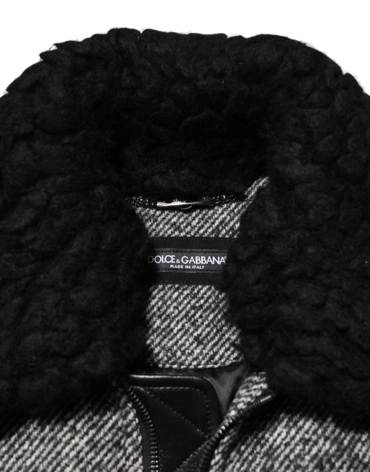 Bomber en laine grise à motif en chevrons avec col en peau de mouton de Dolce & Gabbana