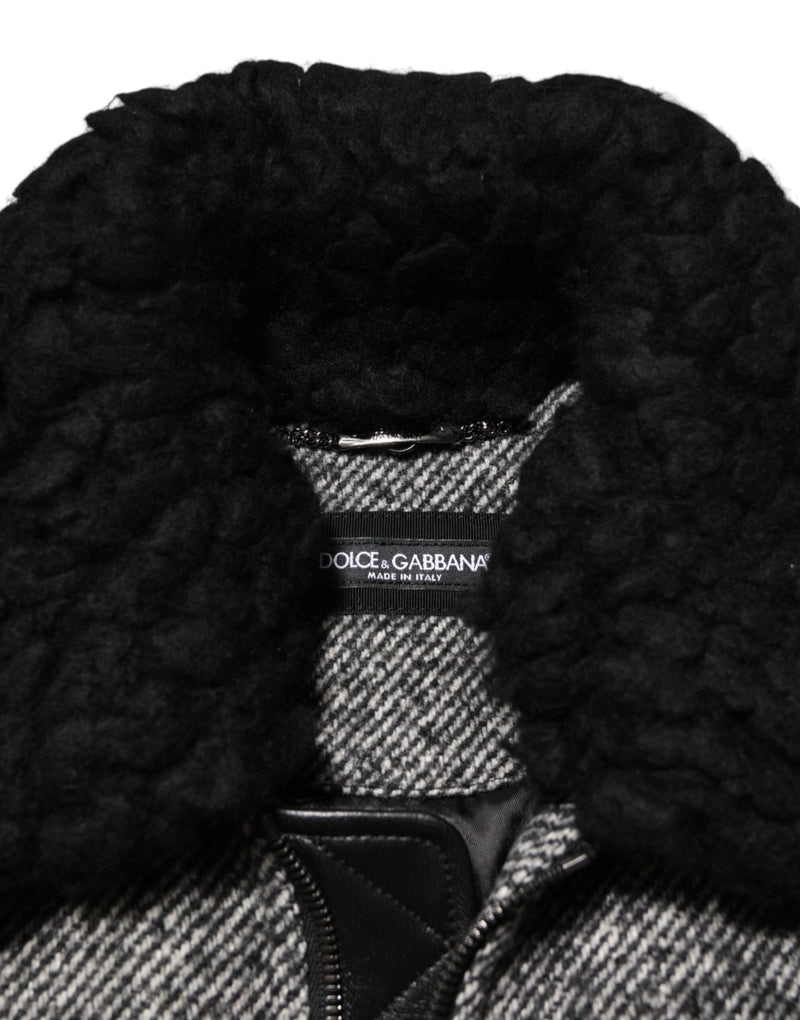 Dolce & Gabbana grijze wollen bomberjas met visgraatpatroon en schapenvachtkraag