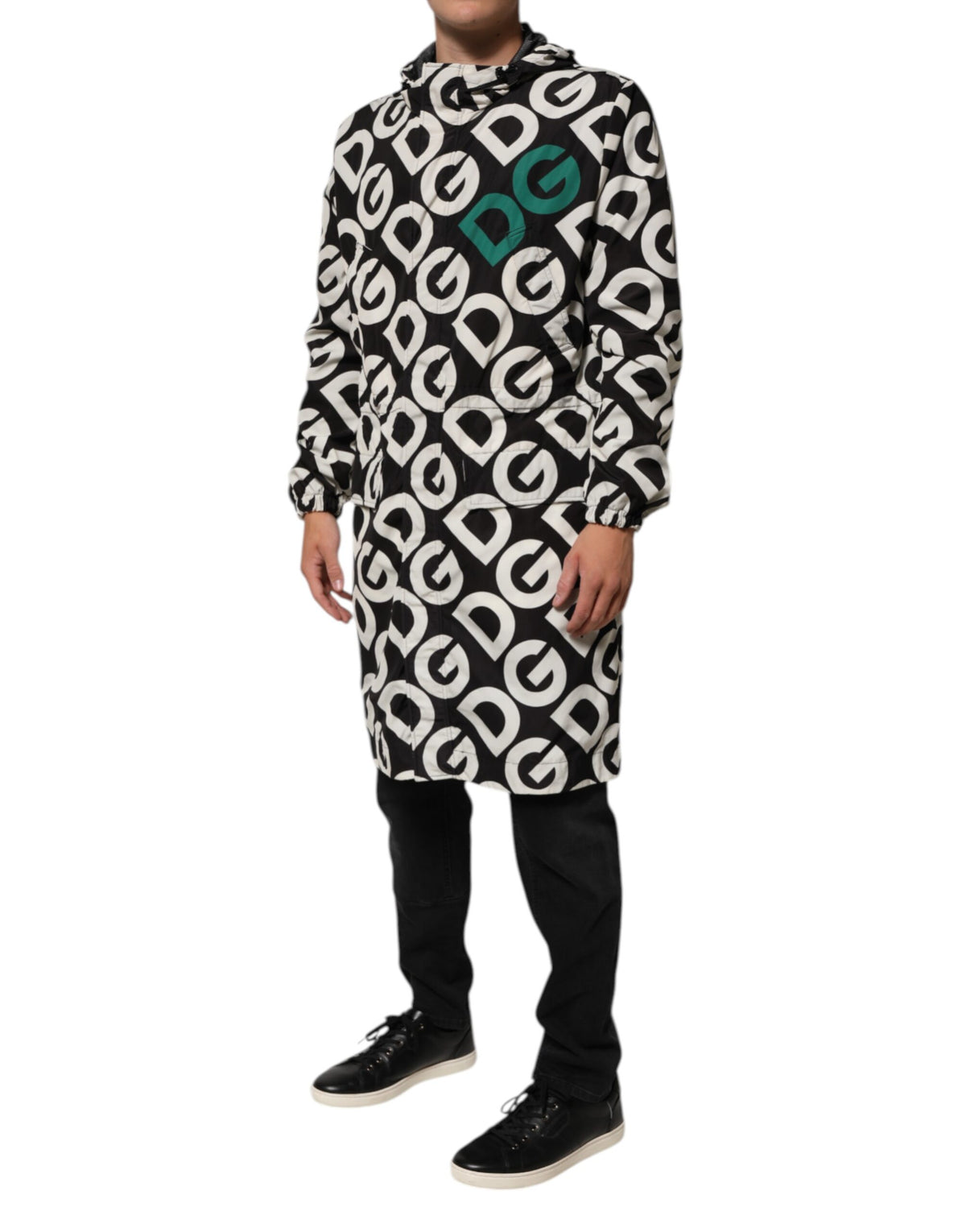 Manteau à capuche pour homme Dolce & Gabbana, noir et blanc, imprimé logo.
