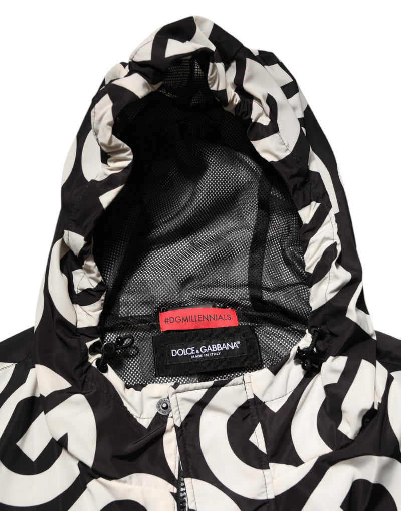 Manteau à capuche pour homme Dolce & Gabbana, noir et blanc, imprimé logo.
