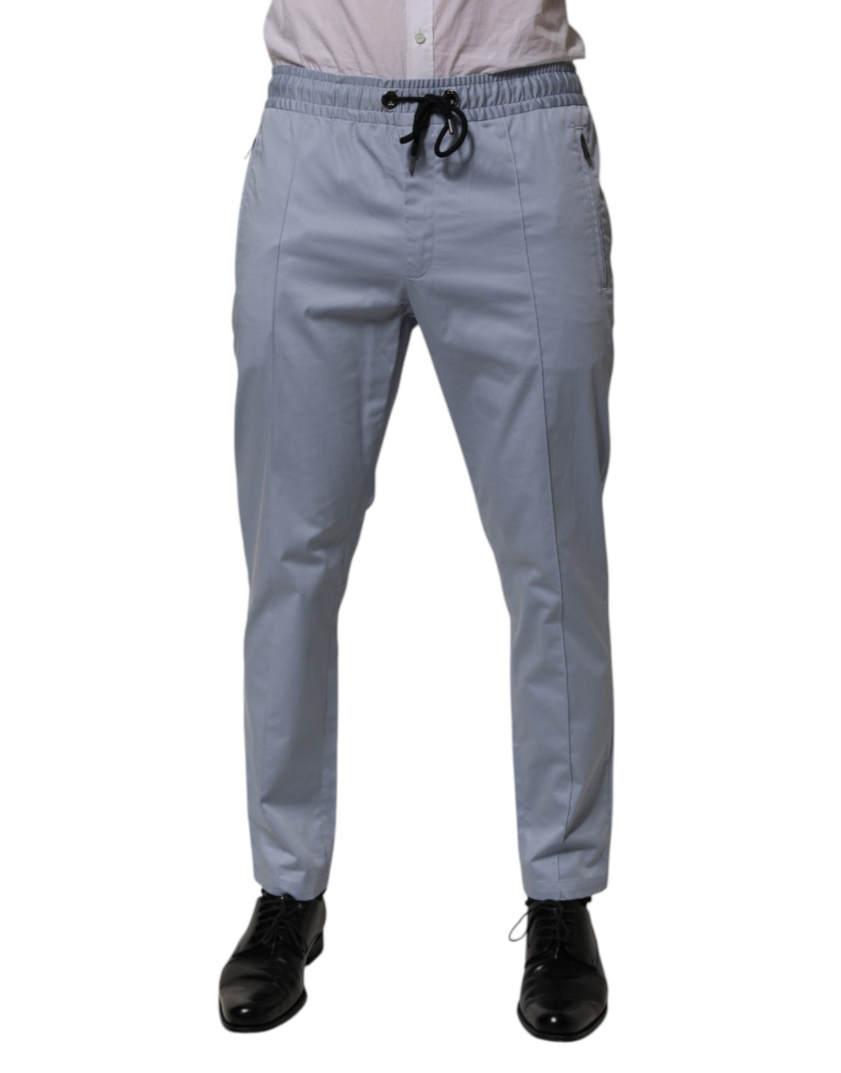 Pantalon homme Dolce &amp; Gabbana en coton bleu clair, taille élastique avec cordon.