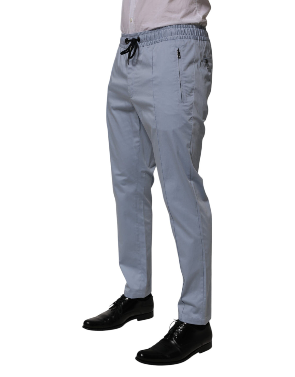 Pantalon homme Dolce &amp; Gabbana en coton bleu clair, taille élastique avec cordon.