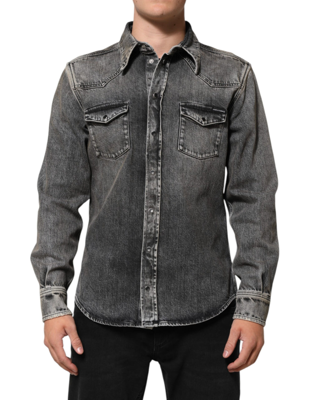 Chemise décontractée à manches longues en coton noir lavé avec boutons-pression de Dolce &amp; Gabbana