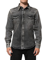 Chemise décontractée à manches longues en coton noir lavé avec boutons-pression de Dolce &amp; Gabbana