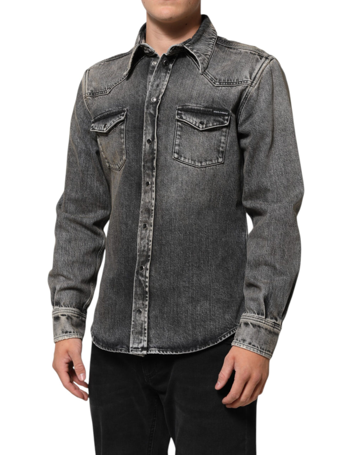 Chemise décontractée à manches longues en coton noir lavé avec boutons-pression de Dolce &amp; Gabbana