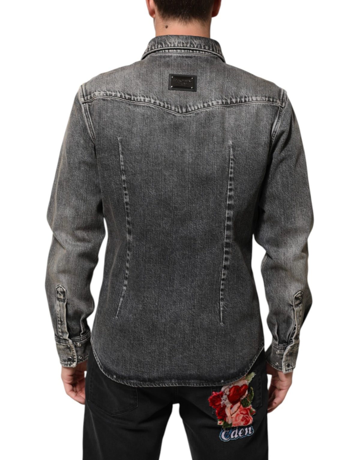Chemise décontractée à manches longues en coton noir lavé avec boutons-pression de Dolce &amp; Gabbana