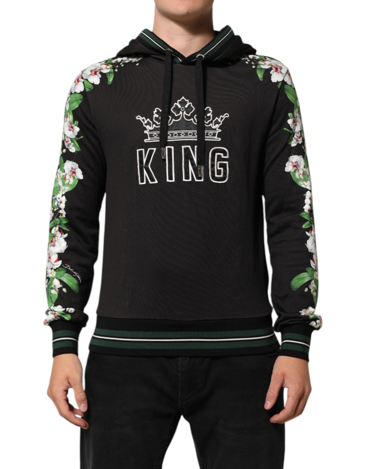Sweat à capuche Dolce &amp; Gabbana KING avec logo couronne de fleurs d'orchidées noires