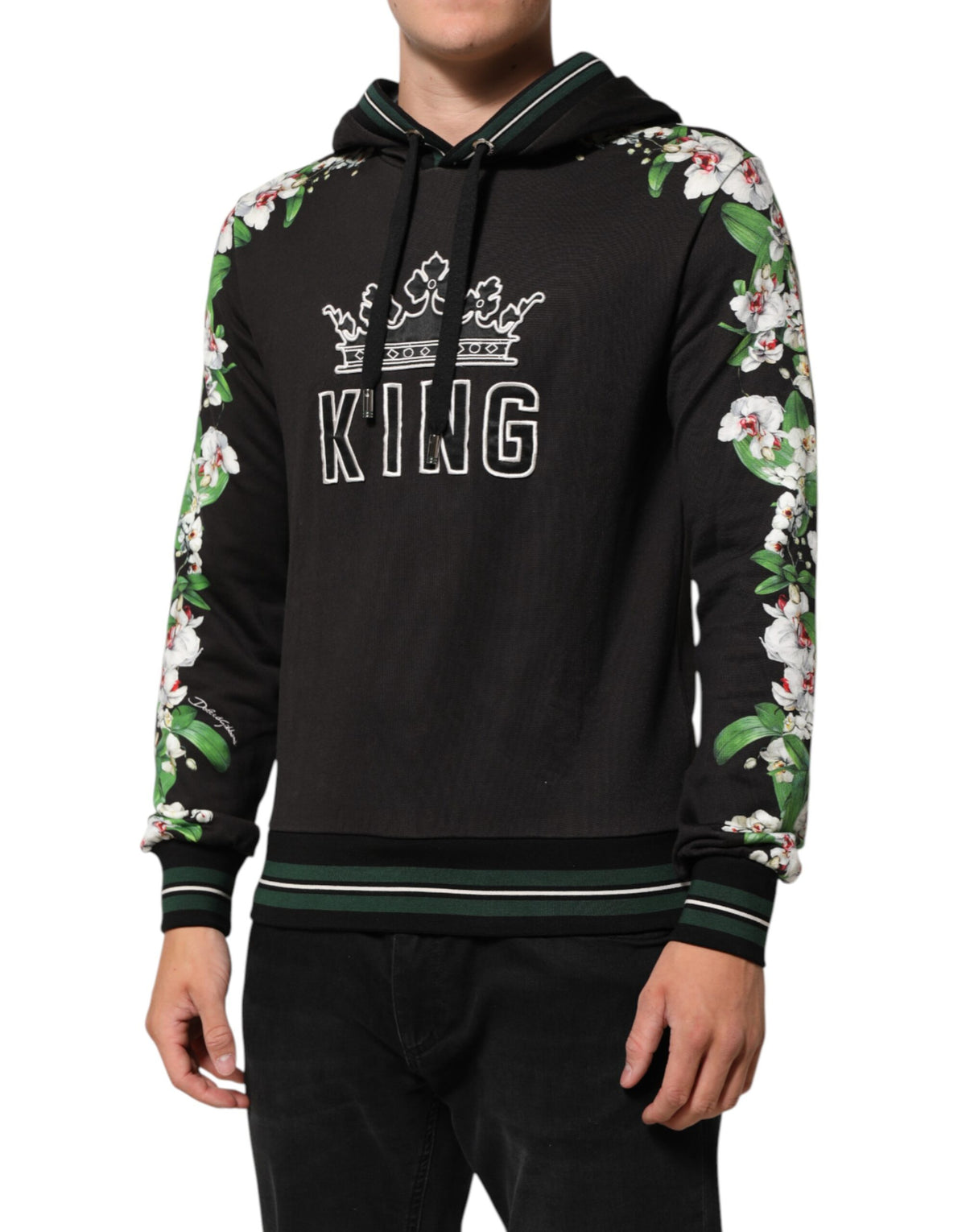 Sweat à capuche Dolce &amp; Gabbana KING avec logo couronne de fleurs d'orchidées noires
