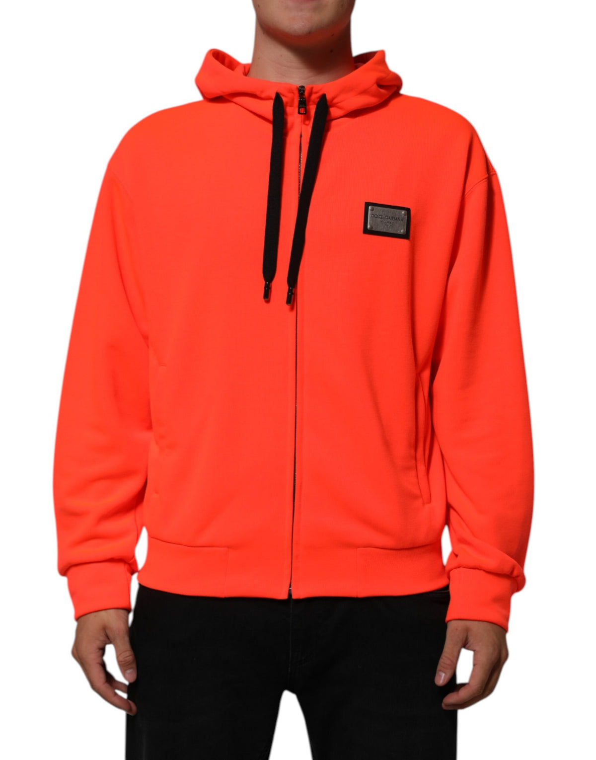 Sweat à capuche en polyester rouge fluorescent avec patch logo Dolce &amp; Gabbana