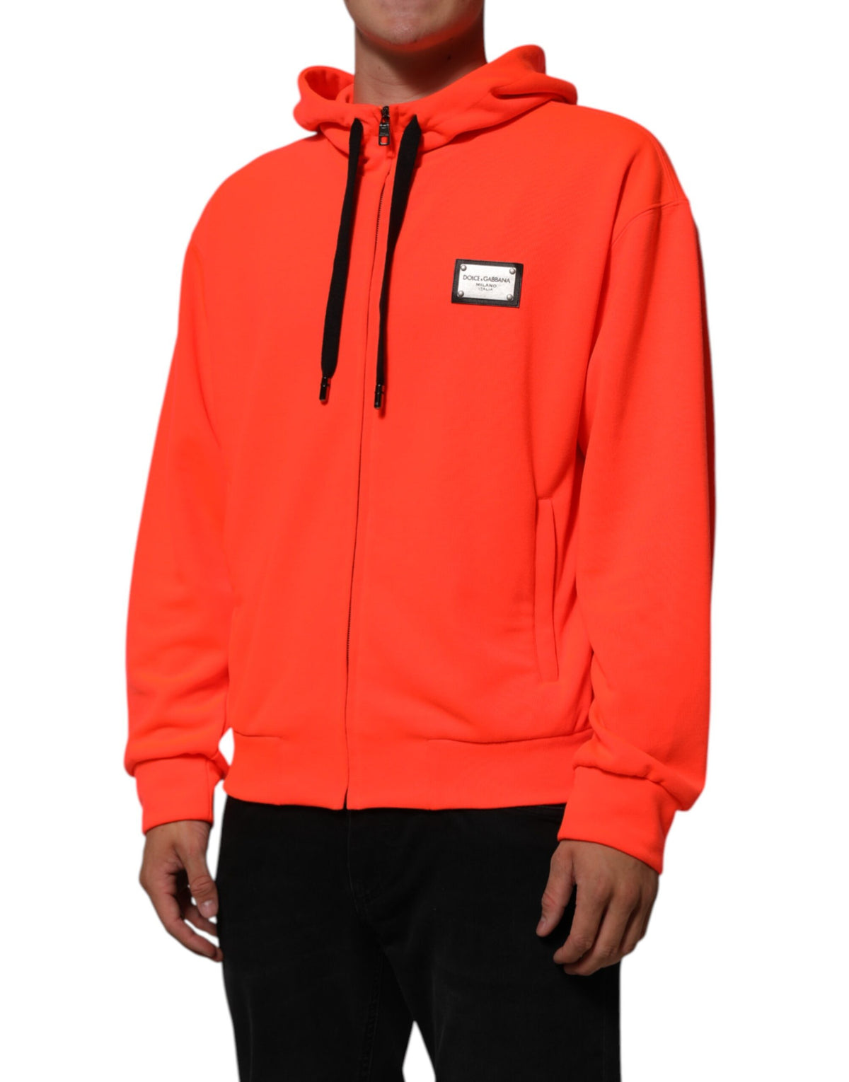 Sweat à capuche en polyester rouge fluorescent avec patch logo Dolce &amp; Gabbana