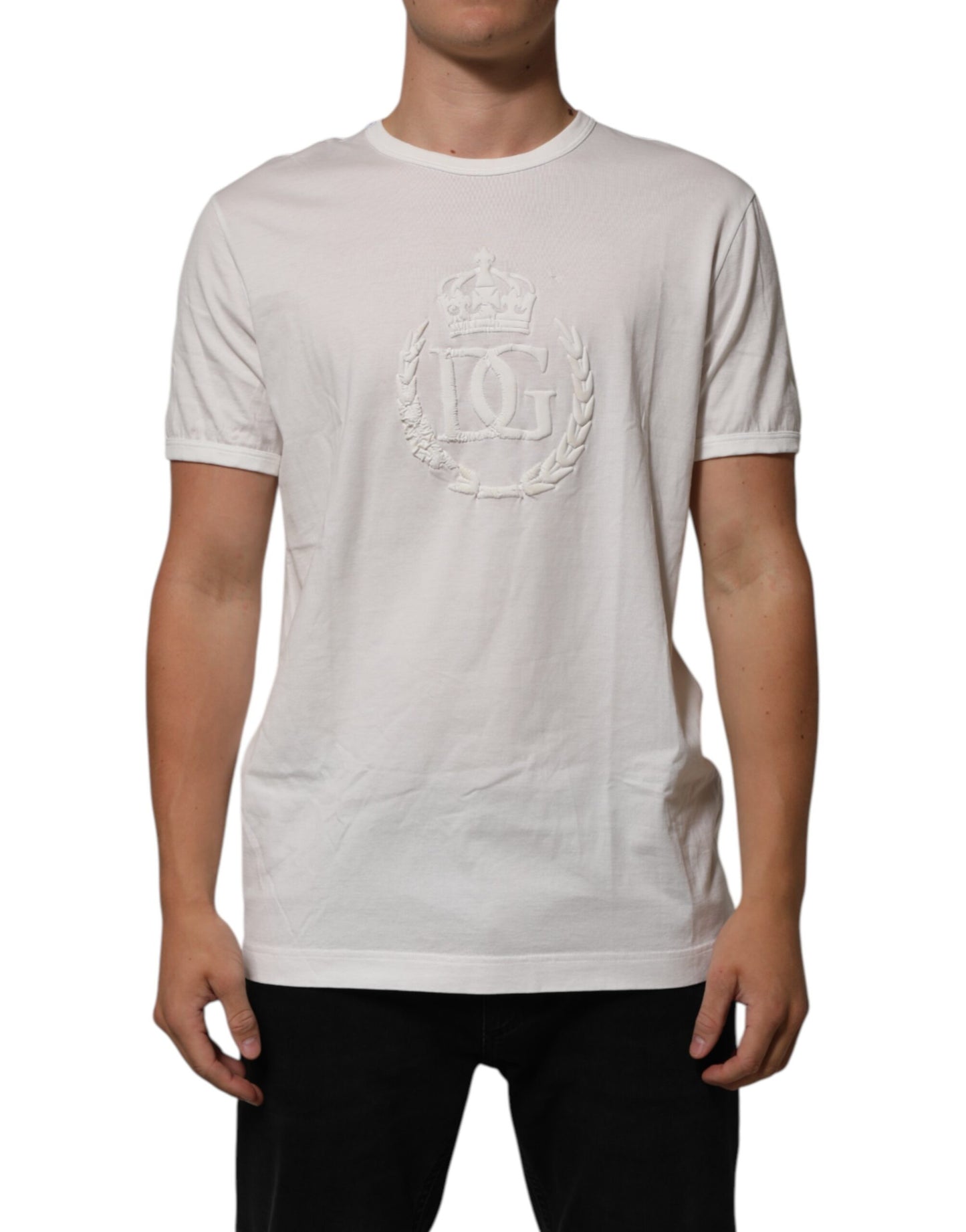 Dolce & Gabbana White Cotton DG Crown Embossed Men T-shirt