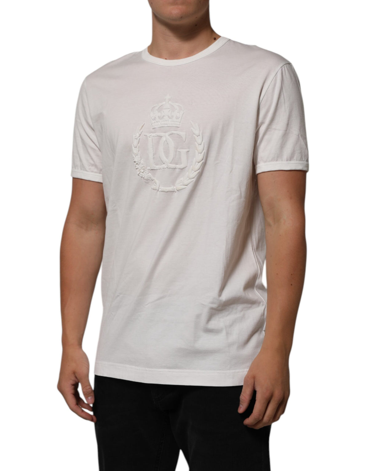 T-shirt homme en coton blanc Dolce &amp; Gabbana avec logo DG en relief.