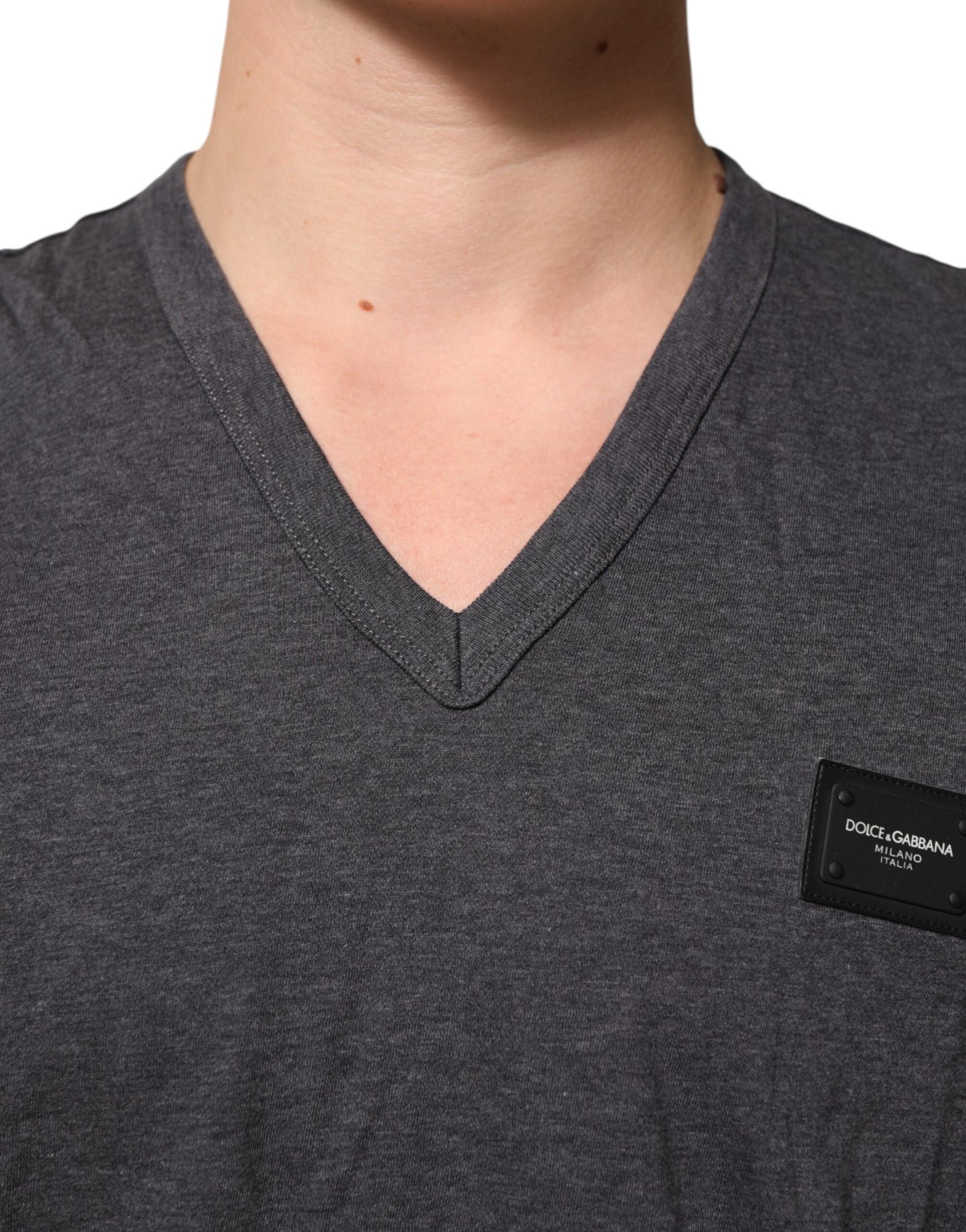 Dolce & Gabbana Grey Cotton V-Neck Logo Plaque Melange T-Shirt