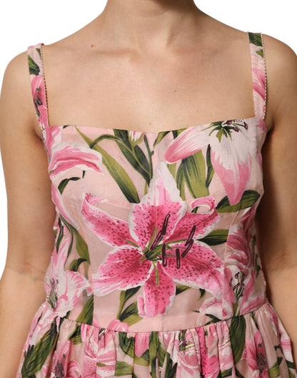 Dolce & Gabbana Pink Floral Lily Print Midi Sleeveless Dress