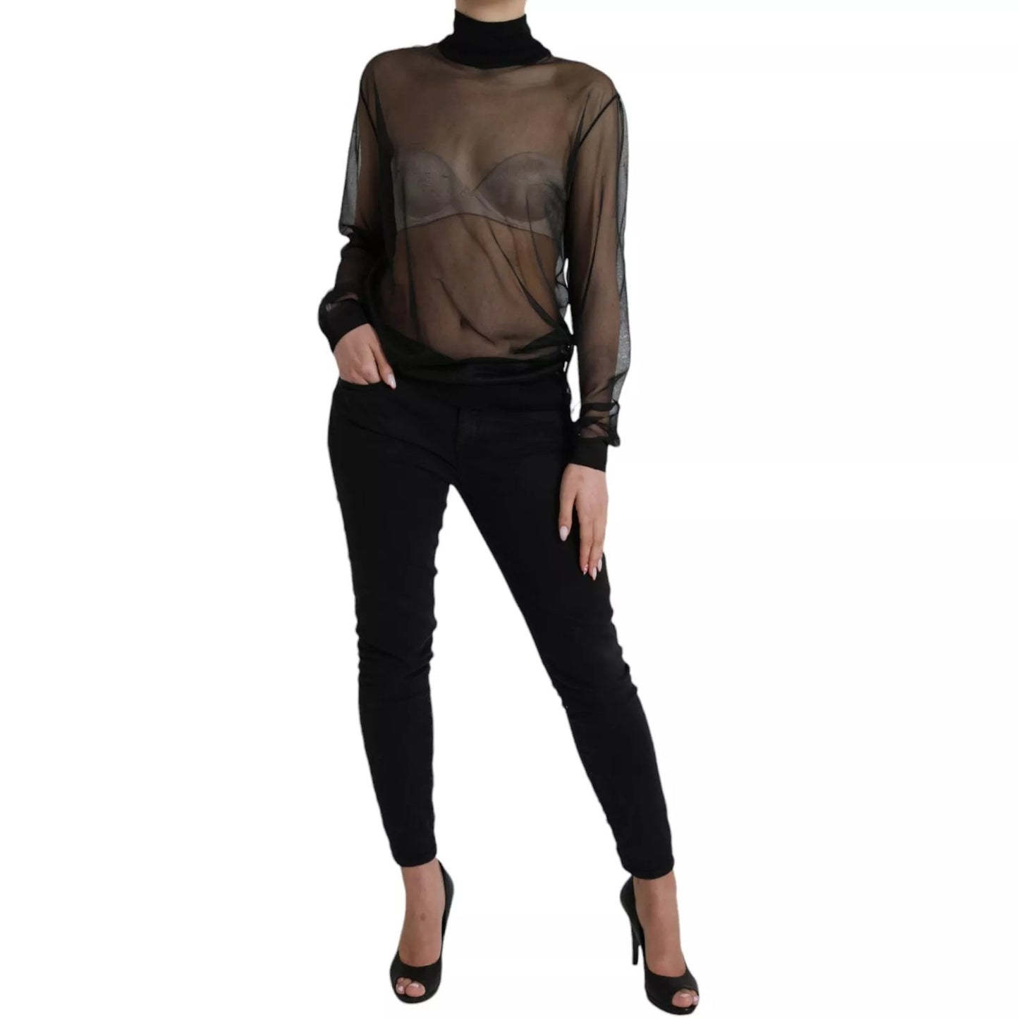 Dolce & Gabbana Black Mesh Turtleneck Sheer Blouse Top