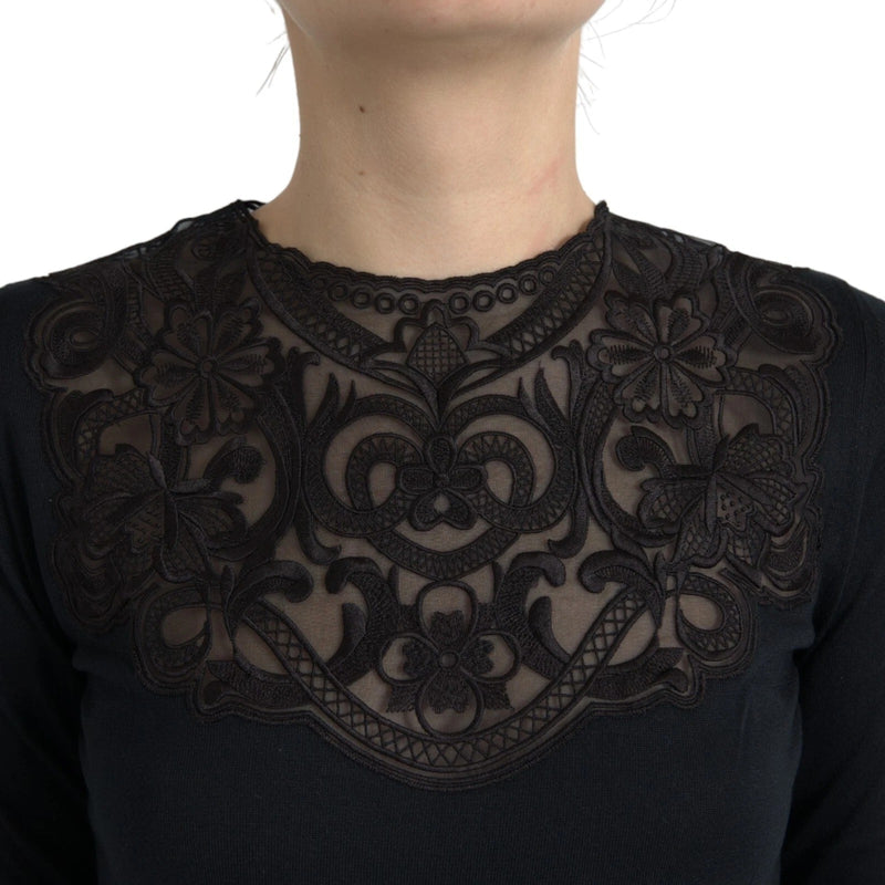 Dolce & Gabbana Black Silk Lace Trim Long Sleeve Blouse Top