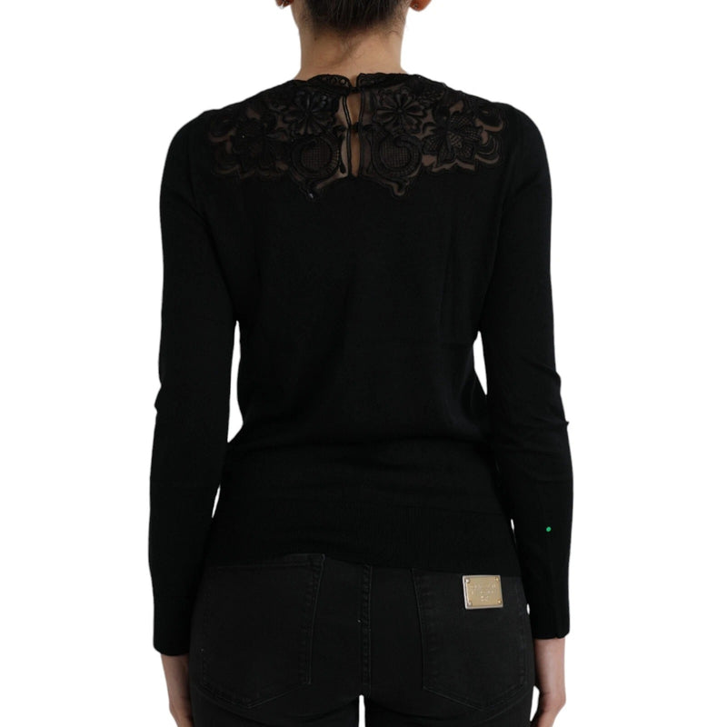 Dolce & Gabbana Black Silk Lace Trim Long Sleeve Blouse Top