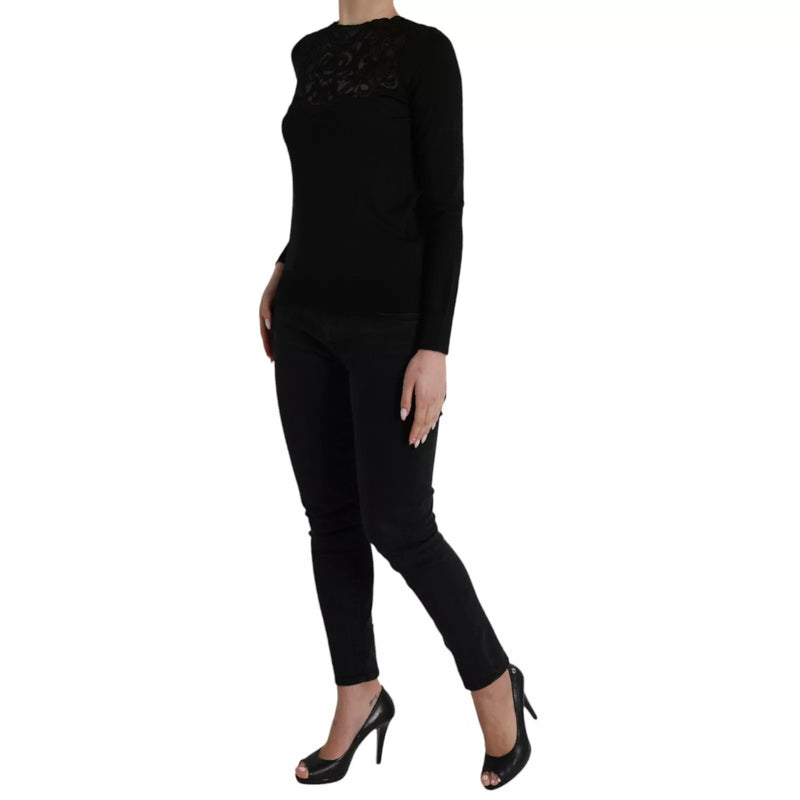 Dolce & Gabbana Black Silk Lace Trim Long Sleeve Blouse Top