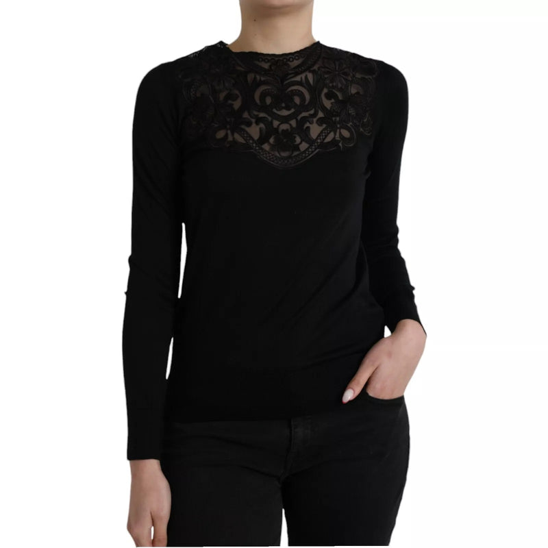 Dolce & Gabbana Black Silk Lace Trim Long Sleeve Blouse Top