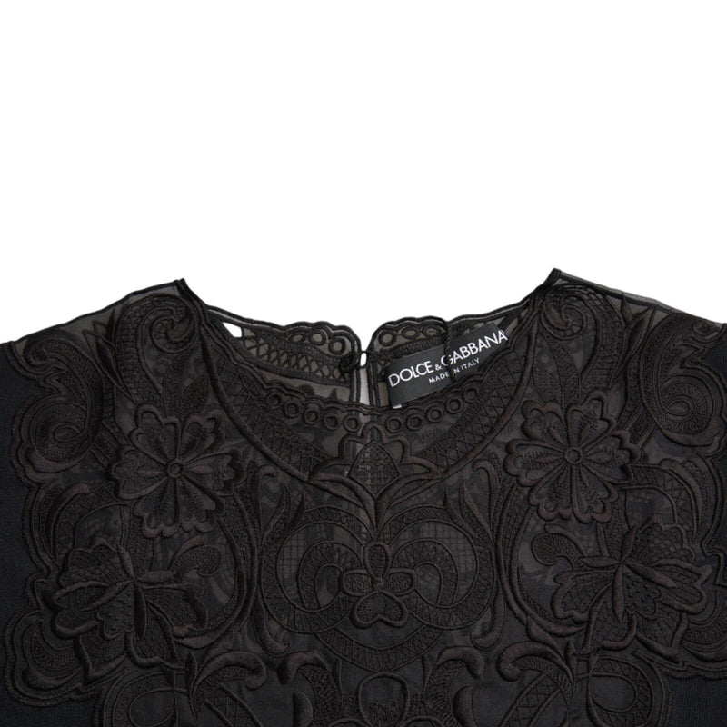 Dolce & Gabbana Black Silk Lace Trim Long Sleeve Blouse Top