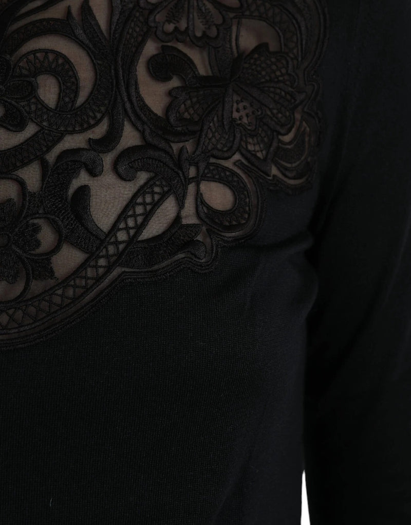 Dolce & Gabbana Black Silk Lace Trim Long Sleeve Blouse Top