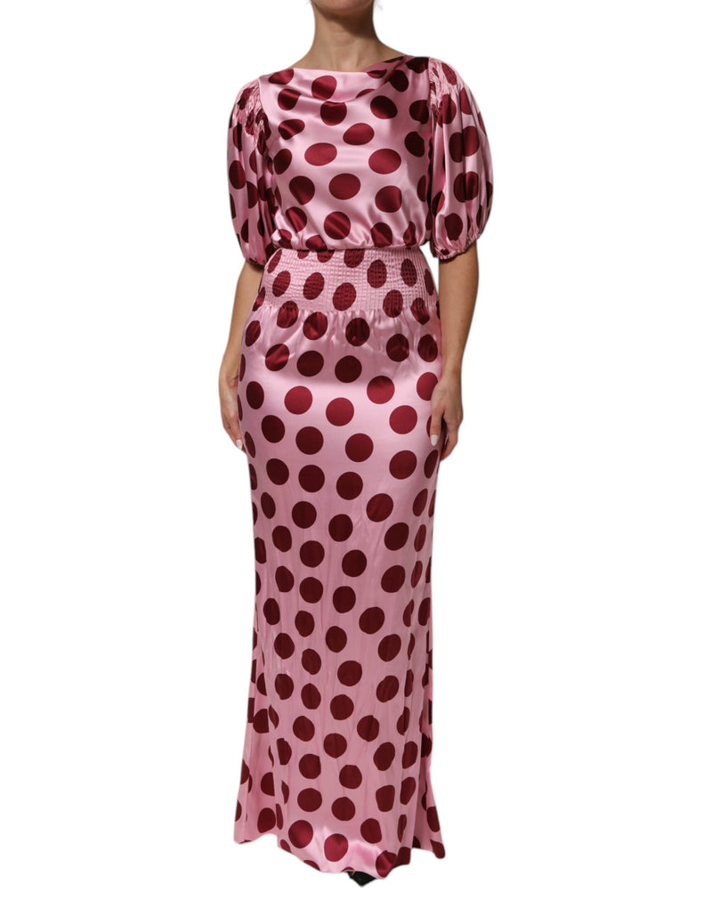 Dolce & Gabbana Pink Red Polka Dot Silk Satin Maxi Dress