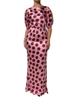 Dolce & Gabbana Pink Red Polka Dot Silk Satin Maxi Dress