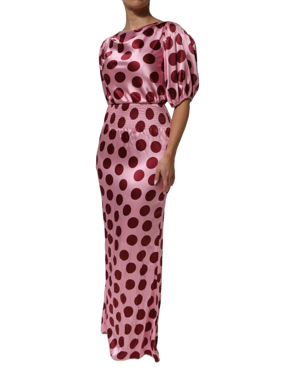 Dolce & Gabbana Pink Red Polka Dot Silk Satin Maxi Dress