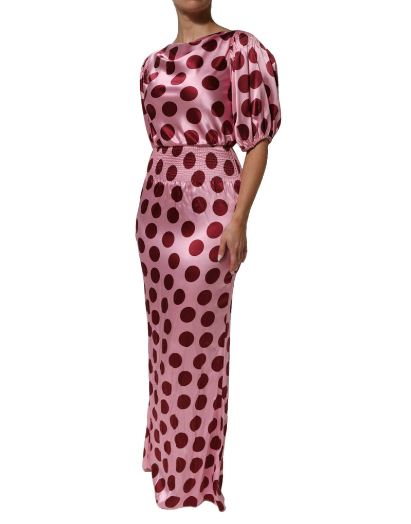 Dolce & Gabbana Pink Red Polka Dot Silk Satin Maxi Dress