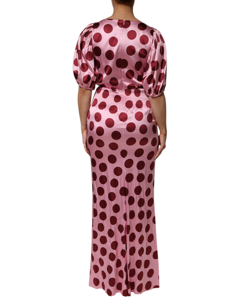 Dolce & Gabbana Pink Red Polka Dot Silk Satin Maxi Dress