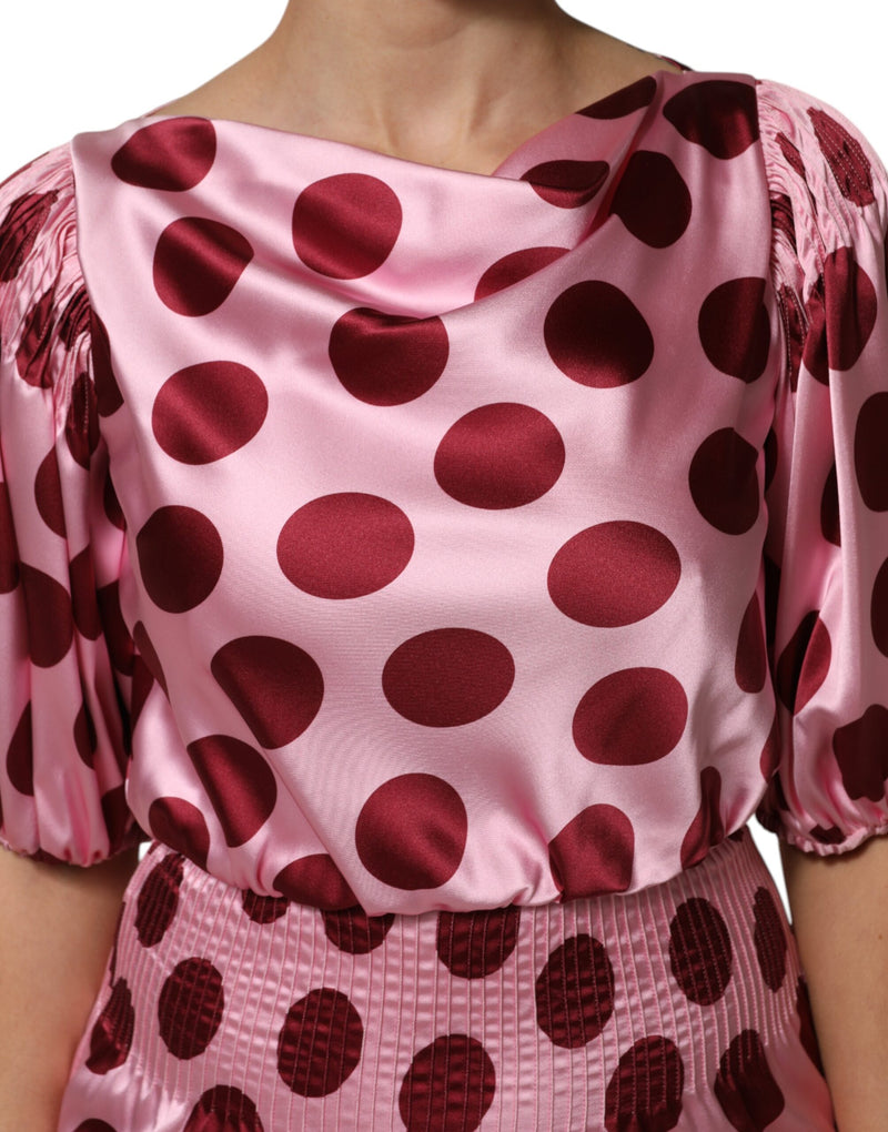 Dolce & Gabbana Pink Red Polka Dot Silk Satin Maxi Dress