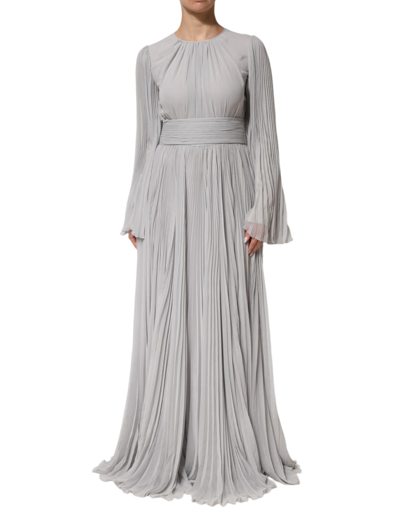 Dolce & Gabbana Grey Pleated Maxi Long Sleeve Silk Blend Gown