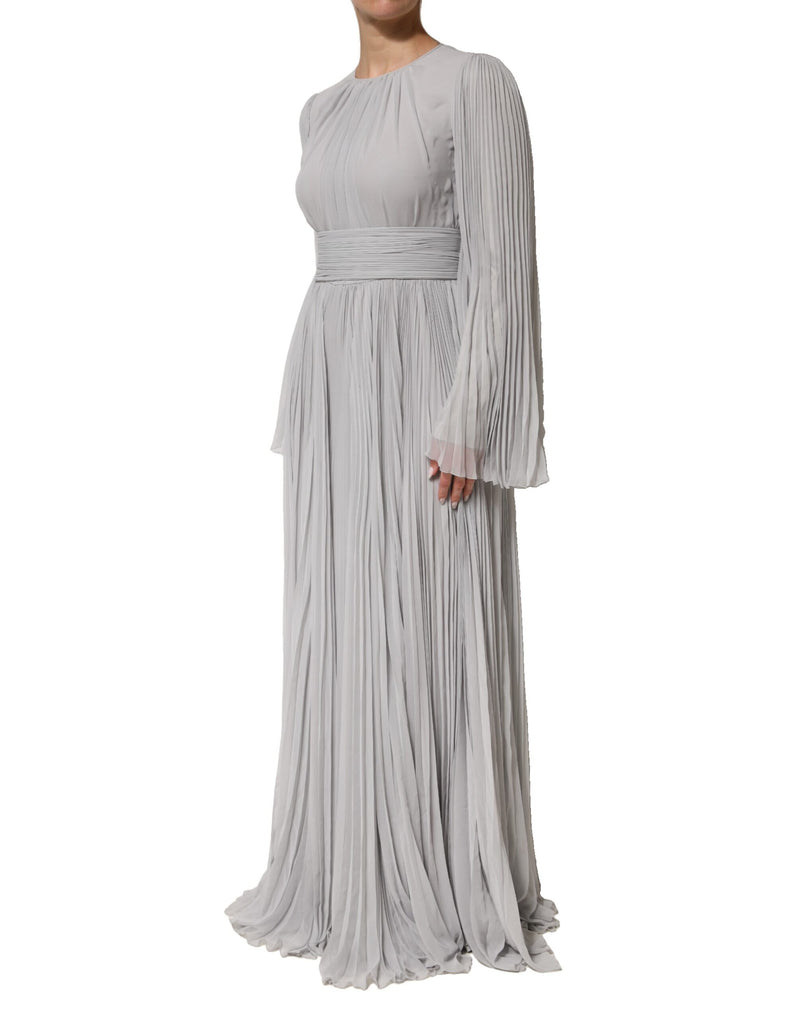 Dolce & Gabbana Grey Pleated Maxi Long Sleeve Silk Blend Gown