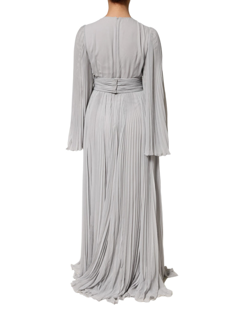 Dolce & Gabbana Grey Pleated Maxi Long Sleeve Silk Blend Gown