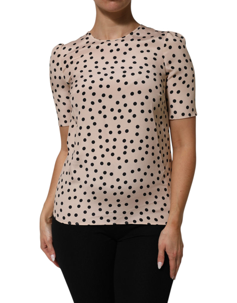 Dolce & Gabbana Beige Black Polka Dot Silk Short Sleeve Blouse