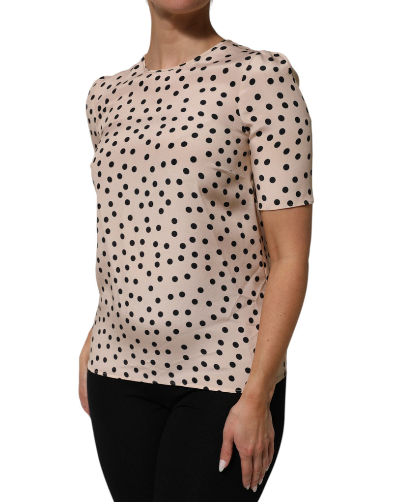 Dolce & Gabbana Beige Black Polka Dot Silk Short Sleeve Blouse