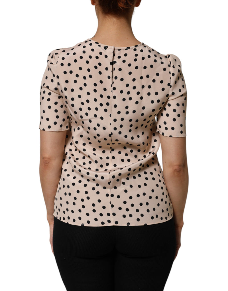 Dolce & Gabbana Beige Black Polka Dot Silk Short Sleeve Blouse