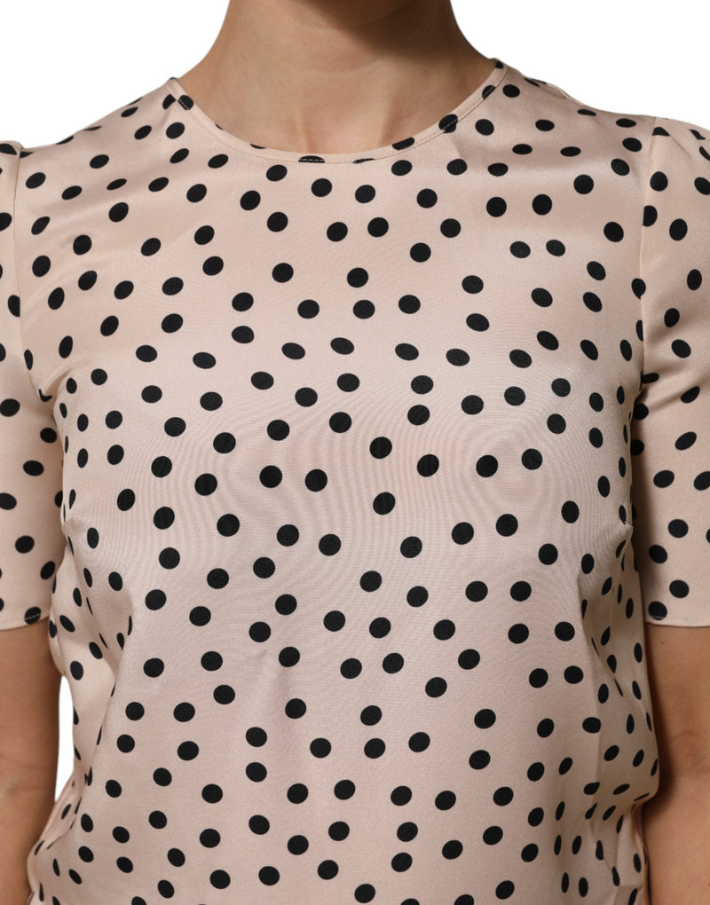 Dolce & Gabbana Beige Black Polka Dot Silk Short Sleeve Blouse