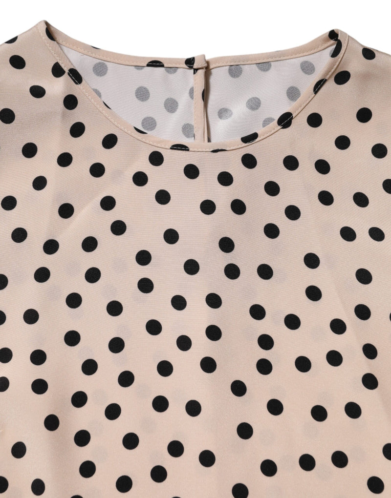 Dolce & Gabbana Beige Black Polka Dot Silk Short Sleeve Blouse