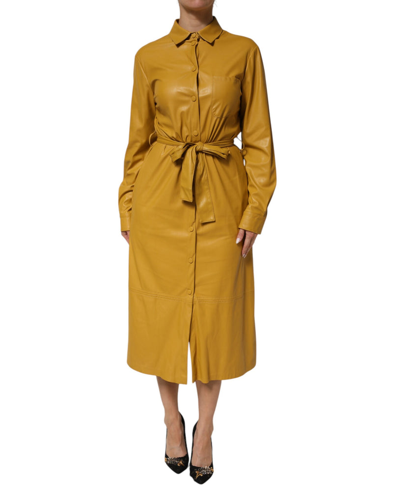 PINKO Polyester Belted Shirt Midi Long Sleeve Dress - Mustard Yellow