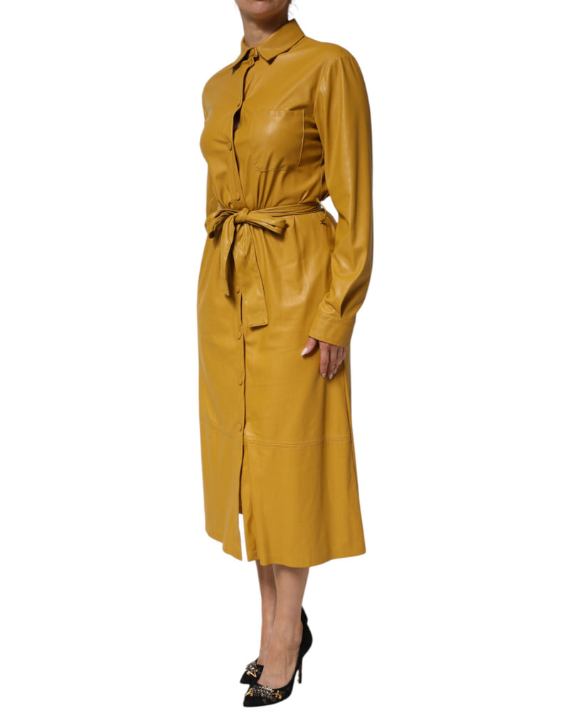 PINKO Polyester Belted Shirt Midi Long Sleeve Dress - Mustard Yellow